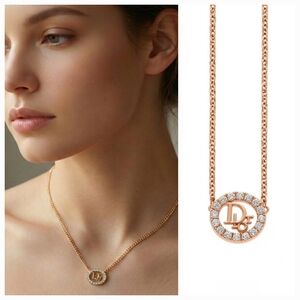 Christian Dior Vintage Gold Crystal Oval Logo Pendant Necklace Germany ✨
